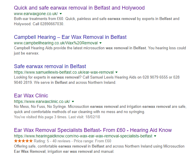 Earwax removal Belfast Search Return